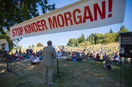 Burnaby Mayor Derek Corrigan addresses the crowd at Kinder Morgan protest on Burnaby Mountain