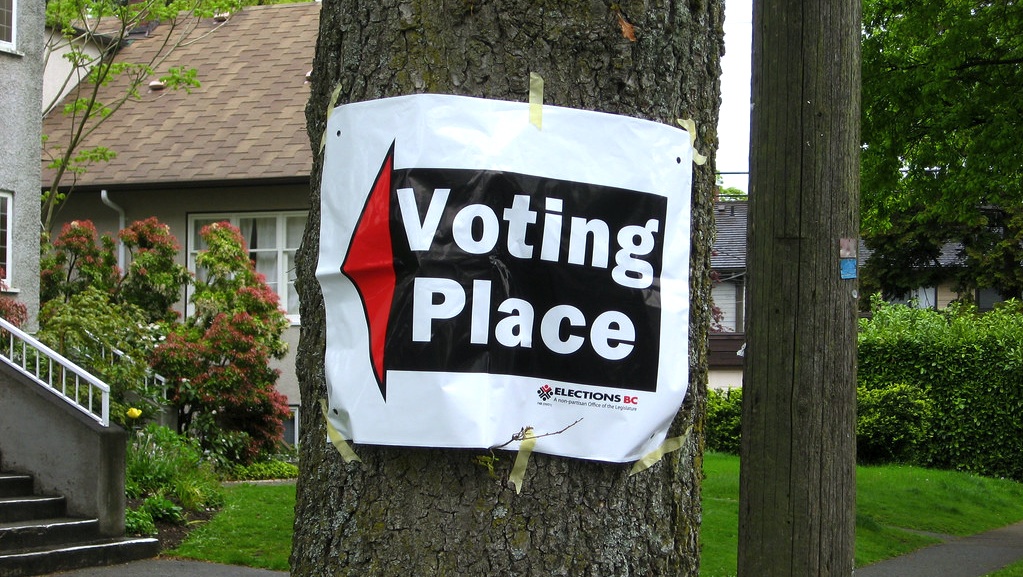 Elections BC "Voting Place" sign on telephone pole
