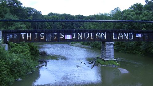 "This is Indian Land" Graffiti on rail bridge, Garden River First Nation