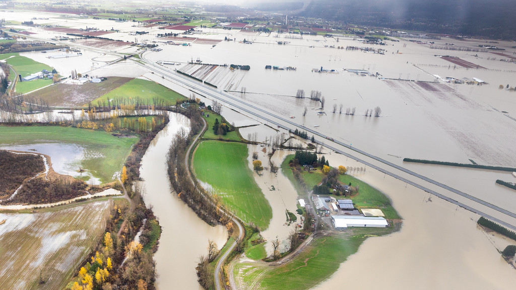 Aerial photo of flood devastation over Abbotsford and Chilliwack BC, November 23, 2021