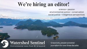 text "we're hiring an editor" over background image of BC coast